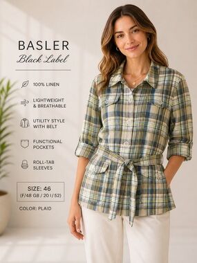 100% linen Basler Plaid Linen Utility Shirt Jacket in Olive and Blue